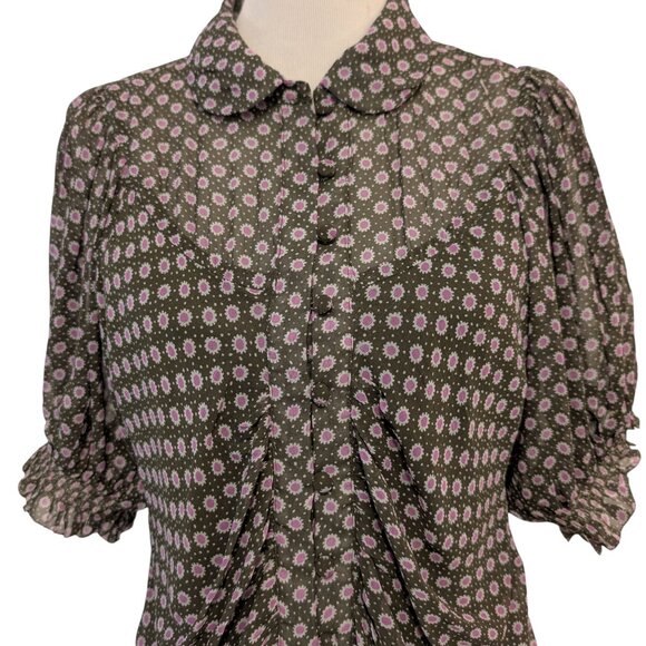 Anthropologie Womens Size 2 Moss Green Pink Floral Mesh Ruched Puff Sleeve Dress - Picture 5 of 12